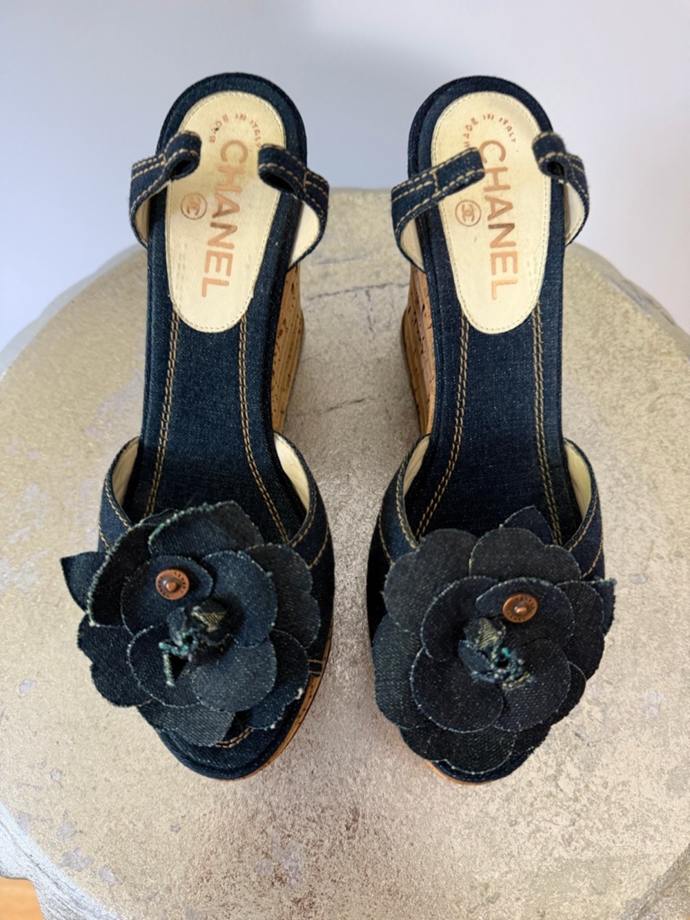 CHANEL - Blue Denim Camellia Cork Platform Slingback Wedges - Picture 5 of 11